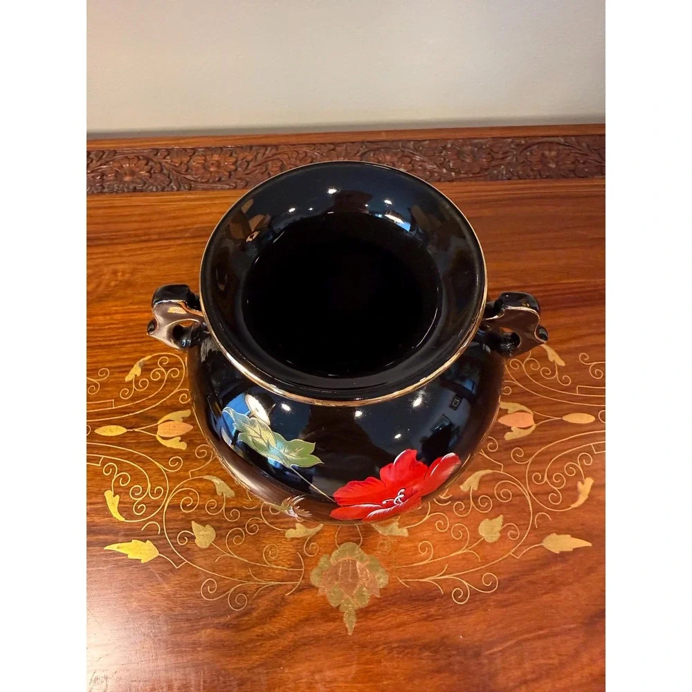 Vintage Japanese Black Ceramic Vase Hummingbird & Red‎ Blossom Motif